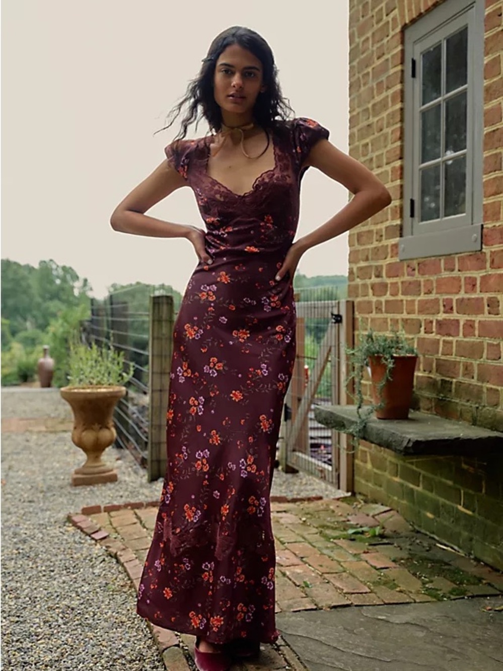 Free People Butterfly Babe Floral Burgundy Brown Lace Maxi Dress